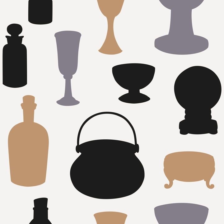 Bohemian style witchcraft seamless pattern. Abstract Halloween background. Witch kitchen silhouette texture. NOT AI generated